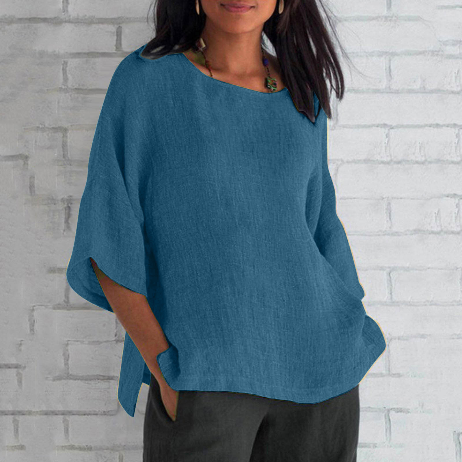 Wiyuqeen Women's Cotton Linen 3/4 Sleeve Tees Shirts Casual Crew Neck Solid Color Blouses Summer Trendy Side Split Tops Basic Loose Flowy T-shirts